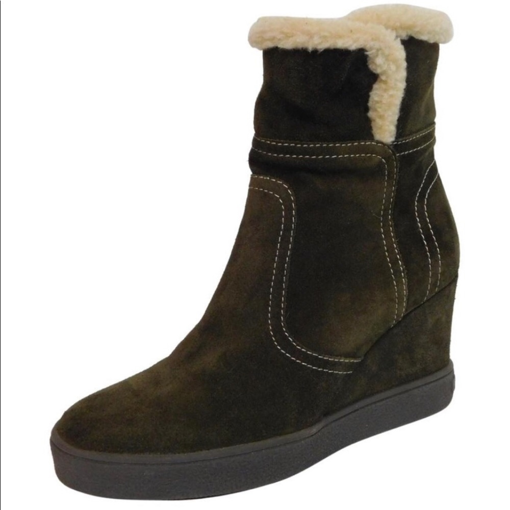 Aquatalia Cindy Wedge Suede Shearling Lined Boots Size 6